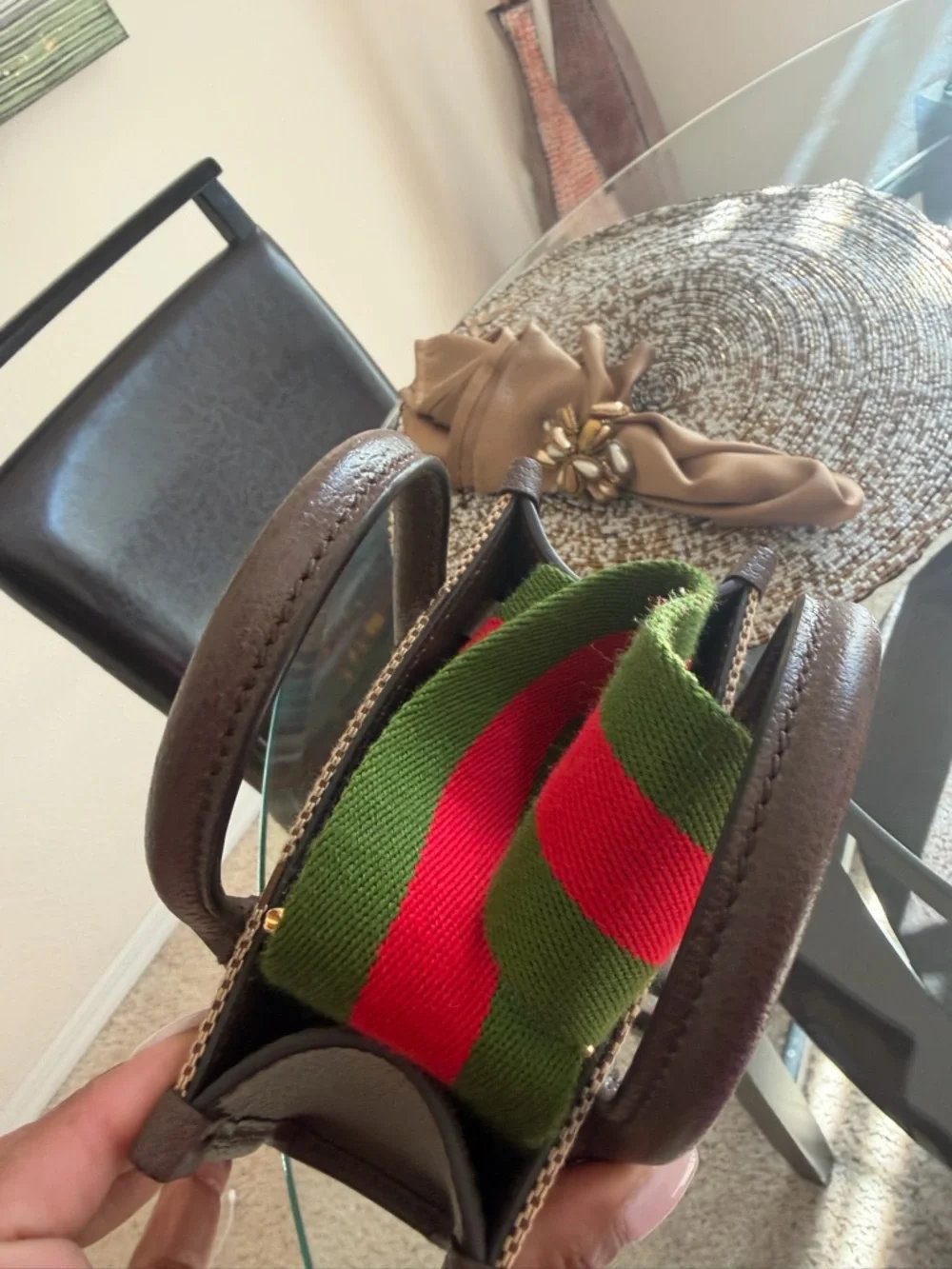 Gucci Brown GG Canvas Mini Tote/Crossbody with Green-Red Strap - Picture 5 of 13